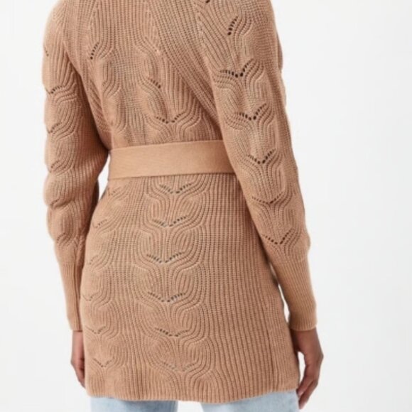 Express Women Beige Tan Pointelle Belted Cable Knit Long Cardigan Sweater Medium - Picture 9 of 9